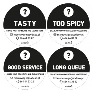 Naklejki tasty / too spicy / good service / long queue /